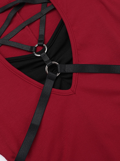Sexy Slim Fit Simple Red Front Chest Deep V Neck Metal Ring Strap Decoration Gothic Style Short Sleeved Dress