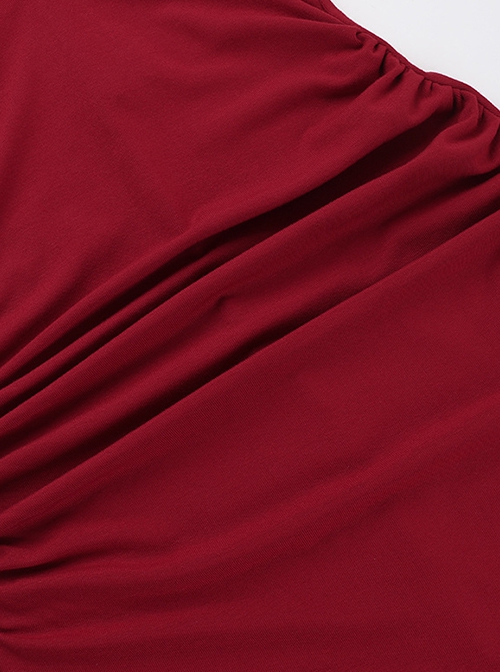 Sexy Slim Fit Simple Red Front Chest Deep V Neck Metal Ring Strap Decoration Gothic Style Short Sleeved Dress