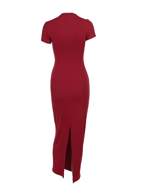 Sexy Slim Fit Simple Red Front Chest Deep V Neck Metal Ring Strap Decoration Gothic Style Short Sleeved Dress