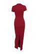 Sexy Slim Fit Simple Red Front Chest Deep V Neck Metal Ring Strap Decoration Gothic Style Short Sleeved Dress