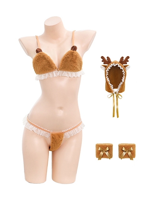 Beloved Mount Little Elk Costume Pleated Lace Light Brown Cute Plush Three-Point Exposed Buttocks Sexy Lingerie Set