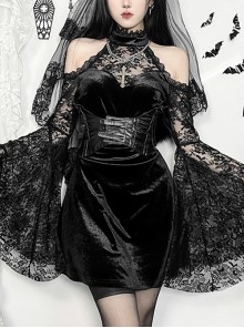 Black Soft Velvet And Lace Fabric With Hollow Shoulders Gothic Style Long Sleeved Slim Dress