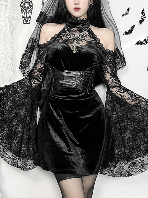 Black Soft Velvet And Lace Fabric With Hollow Shoulders Gothic Style Long Sleeved Slim Dress