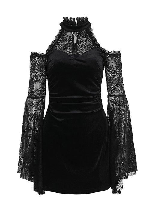 Black Soft Velvet And Lace Fabric With Hollow Shoulders Gothic Style Long Sleeved Slim Dress