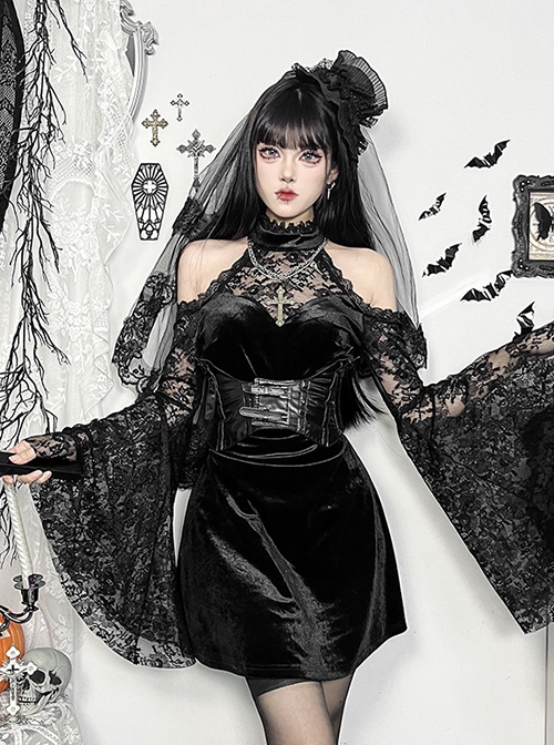 Black Soft Velvet And Lace Fabric With Hollow Shoulders Gothic Style Long Sleeved Slim Dress