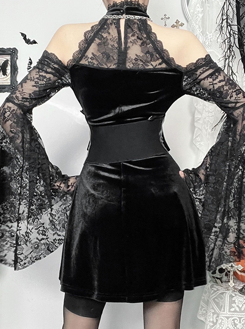 Black Soft Velvet And Lace Fabric With Hollow Shoulders Gothic Style Long Sleeved Slim Dress