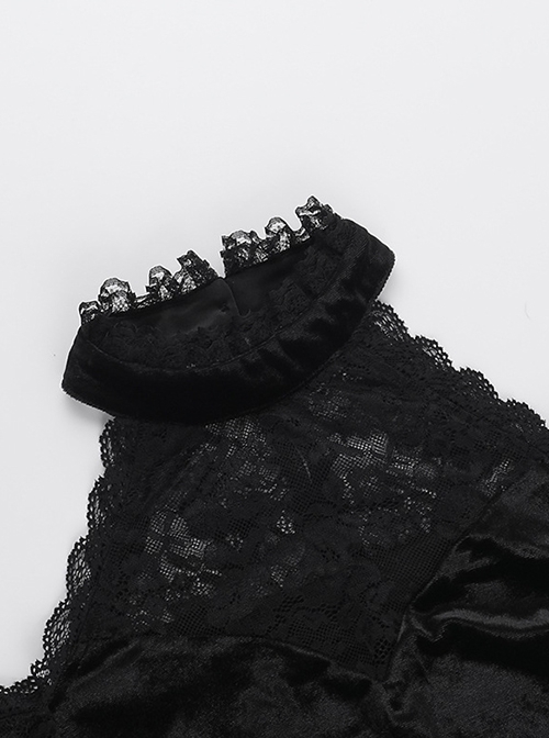 Black Soft Velvet And Lace Fabric With Hollow Shoulders Gothic Style Long Sleeved Slim Dress