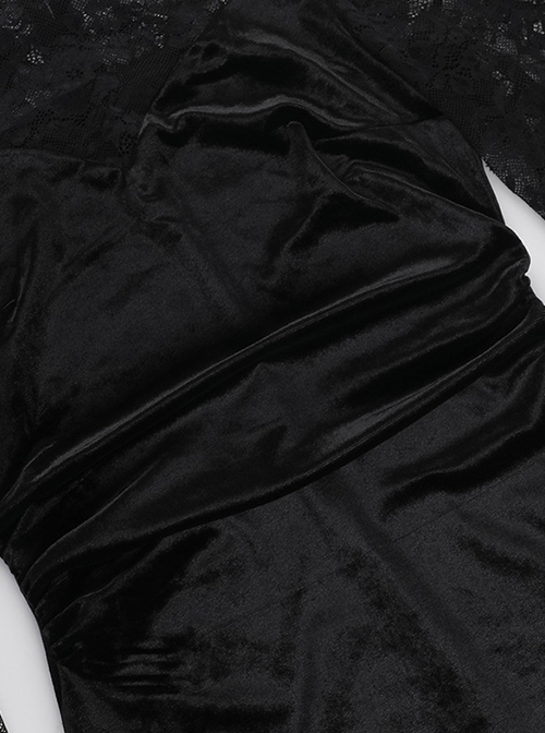 Black Soft Velvet And Lace Fabric With Hollow Shoulders Gothic Style Long Sleeved Slim Dress