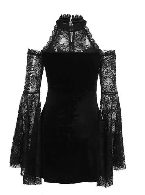 Black Soft Velvet And Lace Fabric With Hollow Shoulders Gothic Style Long Sleeved Slim Dress