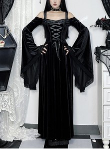 One-Shoulder Black Velvet Stitching Lace Cuffs Front Center Cross Straps Decorated Gothic Style Trumpet Sleeve Dress