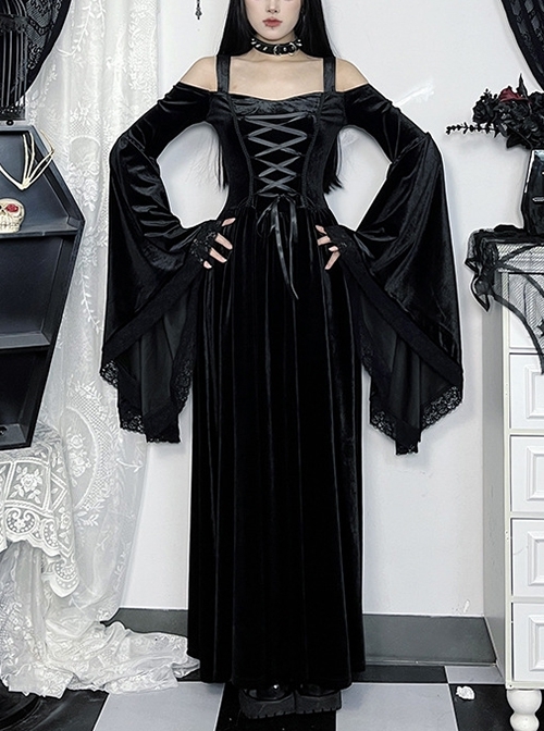 One-Shoulder Black Velvet Stitching Lace Cuffs Front Center Cross Straps Decorated Gothic Style Trumpet Sleeve Dress