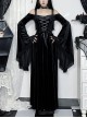 One-Shoulder Black Velvet Stitching Lace Cuffs Front Center Cross Straps Decorated Gothic Style Trumpet Sleeve Dress