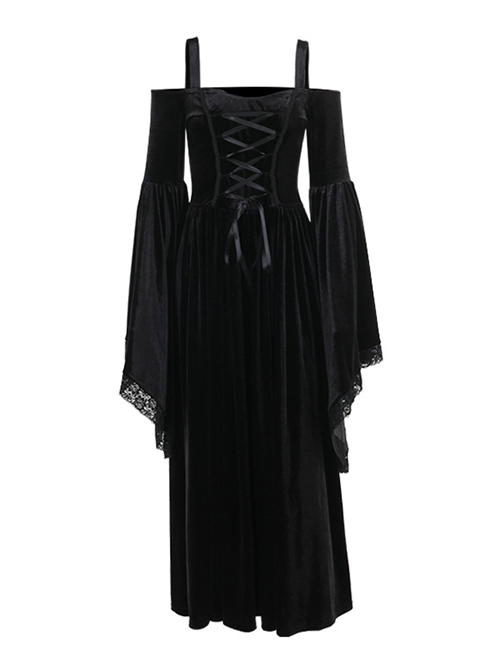 One-Shoulder Black Velvet Stitching Lace Cuffs Front Center Cross Straps Decorated Gothic Style Trumpet Sleeve Dress