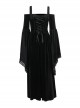 One-Shoulder Black Velvet Stitching Lace Cuffs Front Center Cross Straps Decorated Gothic Style Trumpet Sleeve Dress