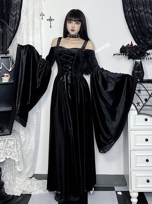 One-Shoulder Black Velvet Stitching Lace Cuffs Front Center Cross Straps Decorated Gothic Style Trumpet Sleeve Dress