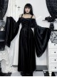 One-Shoulder Black Velvet Stitching Lace Cuffs Front Center Cross Straps Decorated Gothic Style Trumpet Sleeve Dress