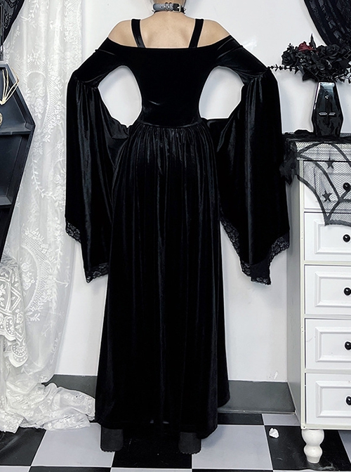 One-Shoulder Black Velvet Stitching Lace Cuffs Front Center Cross Straps Decorated Gothic Style Trumpet Sleeve Dress