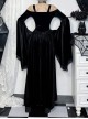 One-Shoulder Black Velvet Stitching Lace Cuffs Front Center Cross Straps Decorated Gothic Style Trumpet Sleeve Dress