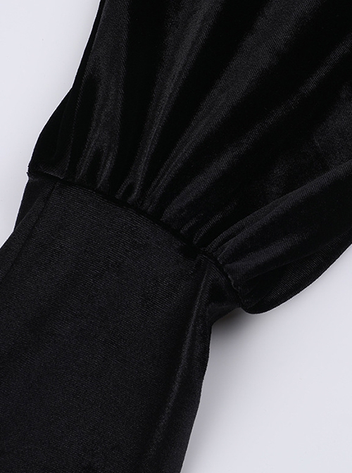 One-Shoulder Black Velvet Stitching Lace Cuffs Front Center Cross Straps Decorated Gothic Style Trumpet Sleeve Dress