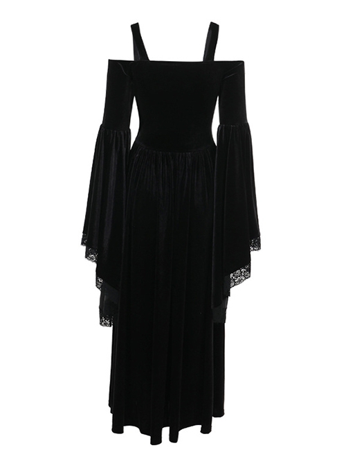 One-Shoulder Black Velvet Stitching Lace Cuffs Front Center Cross Straps Decorated Gothic Style Trumpet Sleeve Dress