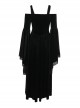 One-Shoulder Black Velvet Stitching Lace Cuffs Front Center Cross Straps Decorated Gothic Style Trumpet Sleeve Dress