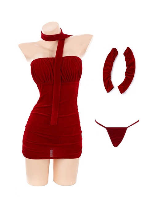 Retro Pleated Tube Elegant Long Sleeve Covers Red Velvet Hip Mini Dress Sexy Lingerie Set