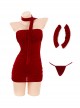 Retro Pleated Tube Elegant Long Sleeve Covers Red Velvet Hip Mini Dress Sexy Lingerie Set