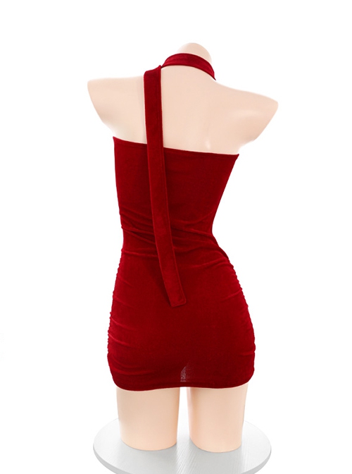 Retro Pleated Tube Elegant Long Sleeve Covers Red Velvet Hip Mini Dress Sexy Lingerie Set