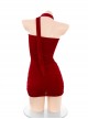 Retro Pleated Tube Elegant Long Sleeve Covers Red Velvet Hip Mini Dress Sexy Lingerie Set