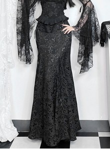 Black Embossed Chinese Style Fishtail Side Eyelet Lace Up Decoration Gothic Style Skirt