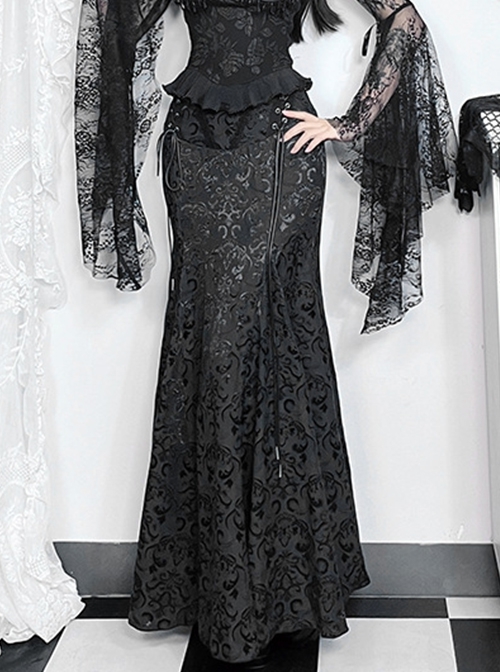 Black Embossed Chinese Style Fishtail Side Eyelet Lace Up Decoration Gothic Style Skirt