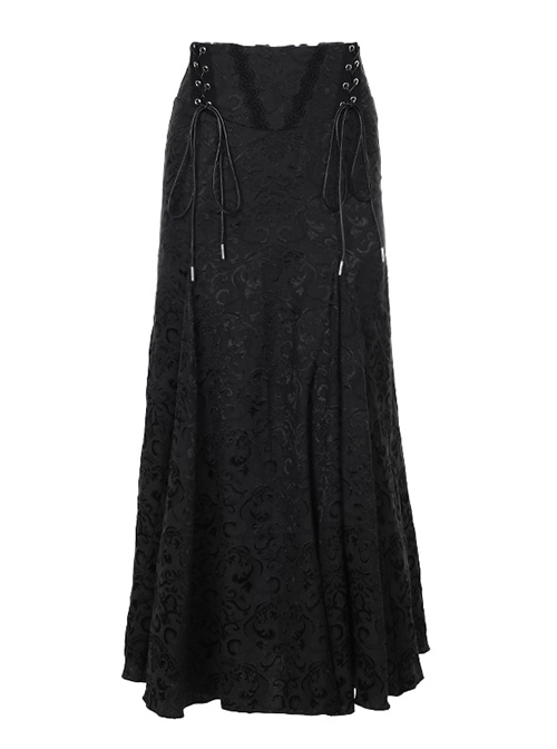 Black Embossed Chinese Style Fishtail Side Eyelet Lace Up Decoration Gothic Style Skirt