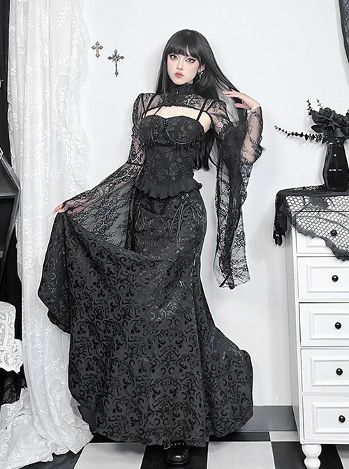 Black Embossed Chinese Style Fishtail Side Eyelet Lace Up Decoration Gothic Style Skirt