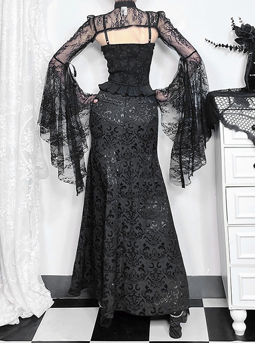 Black Embossed Chinese Style Fishtail Side Eyelet Lace Up Decoration Gothic Style Skirt