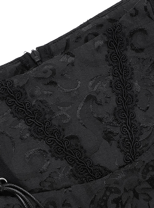 Black Embossed Chinese Style Fishtail Side Eyelet Lace Up Decoration Gothic Style Skirt