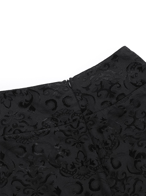 Black Embossed Chinese Style Fishtail Side Eyelet Lace Up Decoration Gothic Style Skirt