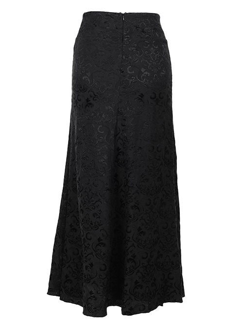 Black Embossed Chinese Style Fishtail Side Eyelet Lace Up Decoration Gothic Style Skirt