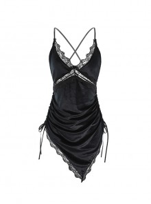Deep V Backless Drawstring Waist Oblique-Cut Triangle Hem Velvet Nightdress Sexy Lingerie Set