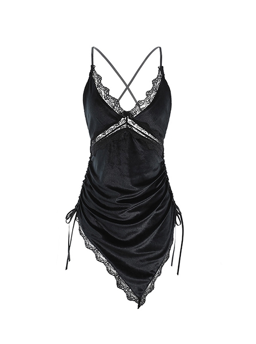 Deep V Backless Drawstring Waist Oblique-Cut Triangle Hem Velvet Nightdress Sexy Lingerie Set