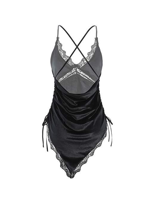 Deep V Backless Drawstring Waist Oblique-Cut Triangle Hem Velvet Nightdress Sexy Lingerie Set