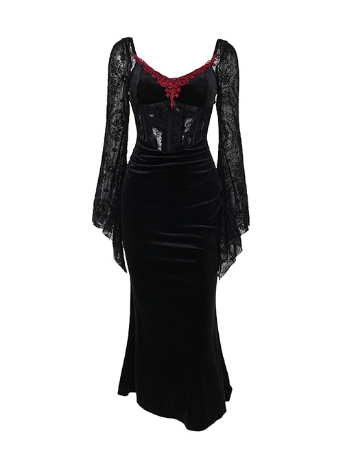 Sexy Black Slim Fit Flocking Stitching Slightly Transparent Plant Mesh Pattern Chest Red Embroidery Embellishment Gothic Style Long Sleeved Dress