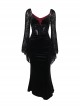 Sexy Black Slim Fit Flocking Stitching Slightly Transparent Plant Mesh Pattern Chest Red Embroidery Embellishment Gothic Style Long Sleeved Dress