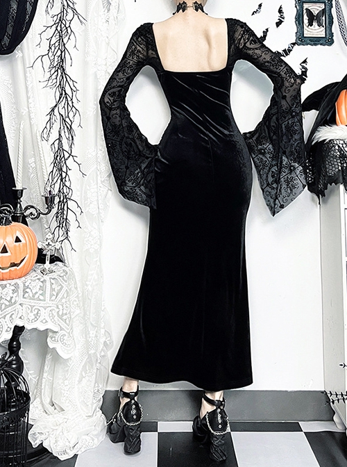 Sexy Black Slim Fit Flocking Stitching Slightly Transparent Plant Mesh Pattern Chest Red Embroidery Embellishment Gothic Style Long Sleeved Dress