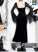 Sexy Black Slim Fit Flocking Stitching Slightly Transparent Plant Mesh Pattern Chest Red Embroidery Embellishment Gothic Style Long Sleeved Dress