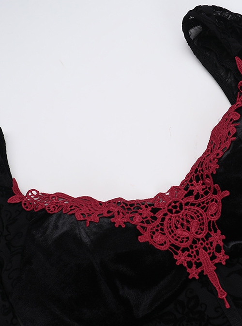 Sexy Black Slim Fit Flocking Stitching Slightly Transparent Plant Mesh Pattern Chest Red Embroidery Embellishment Gothic Style Long Sleeved Dress