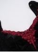 Sexy Black Slim Fit Flocking Stitching Slightly Transparent Plant Mesh Pattern Chest Red Embroidery Embellishment Gothic Style Long Sleeved Dress
