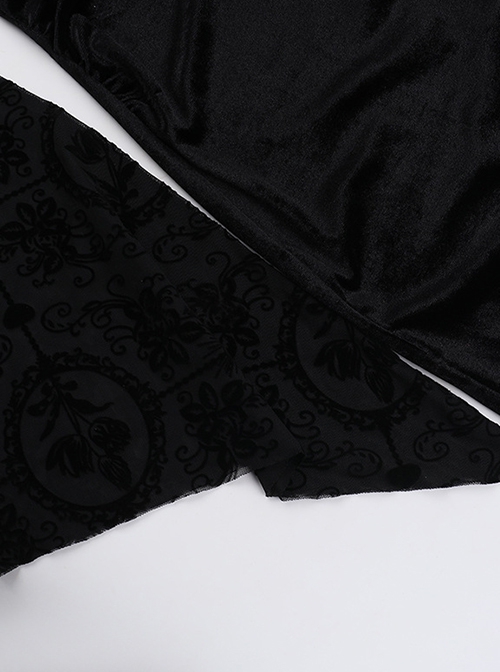 Sexy Black Slim Fit Flocking Stitching Slightly Transparent Plant Mesh Pattern Chest Red Embroidery Embellishment Gothic Style Long Sleeved Dress