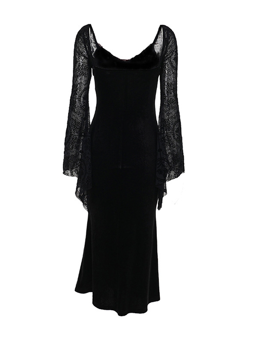 Sexy Black Slim Fit Flocking Stitching Slightly Transparent Plant Mesh Pattern Chest Red Embroidery Embellishment Gothic Style Long Sleeved Dress