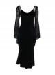 Sexy Black Slim Fit Flocking Stitching Slightly Transparent Plant Mesh Pattern Chest Red Embroidery Embellishment Gothic Style Long Sleeved Dress