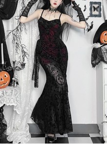 Sexy Black And Red Flocking Splicing Plant Mesh Fabric Gothic Style Suspender Sleeveless Dress